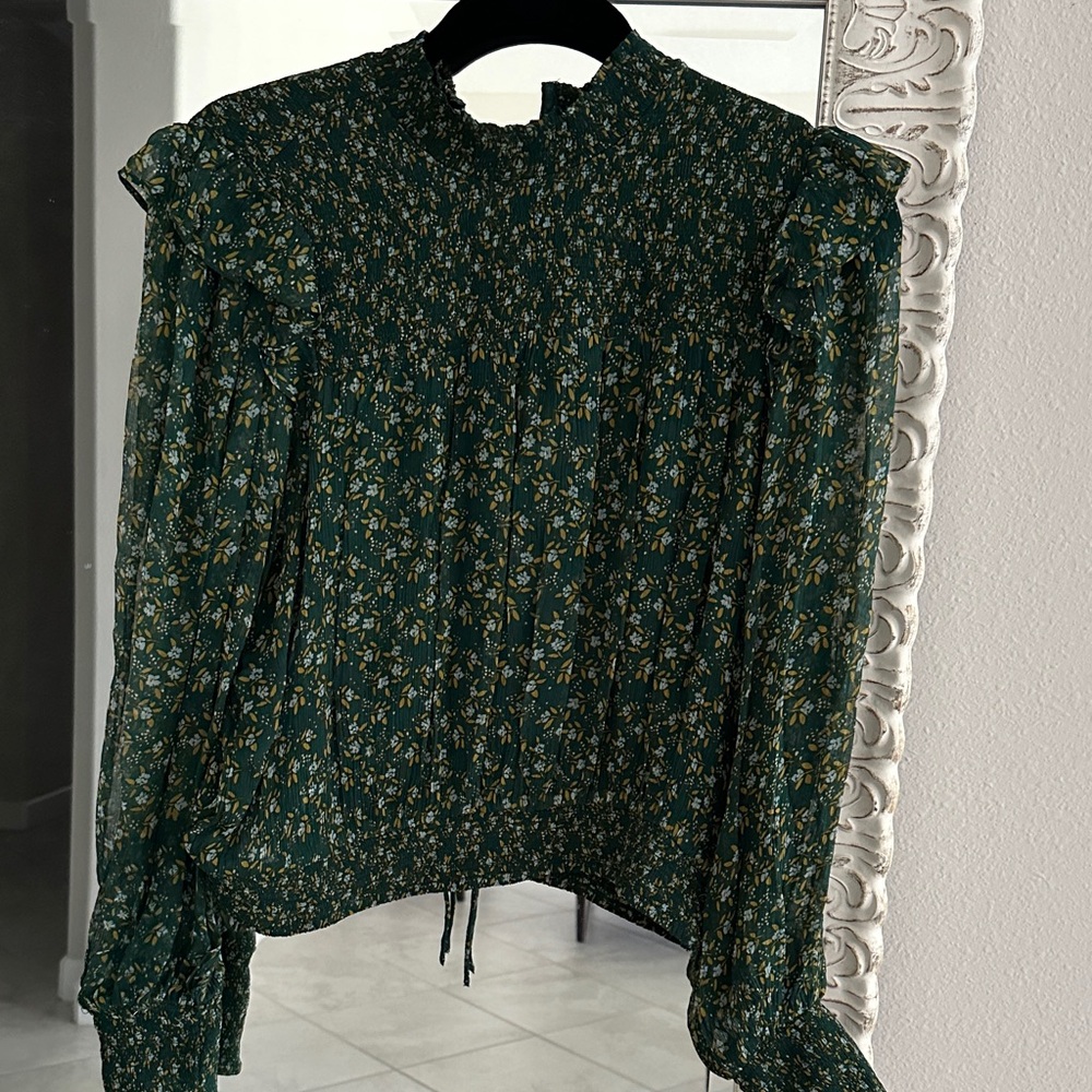 Free People Roma Forest Green Floral Smocked High-Neck Blouse